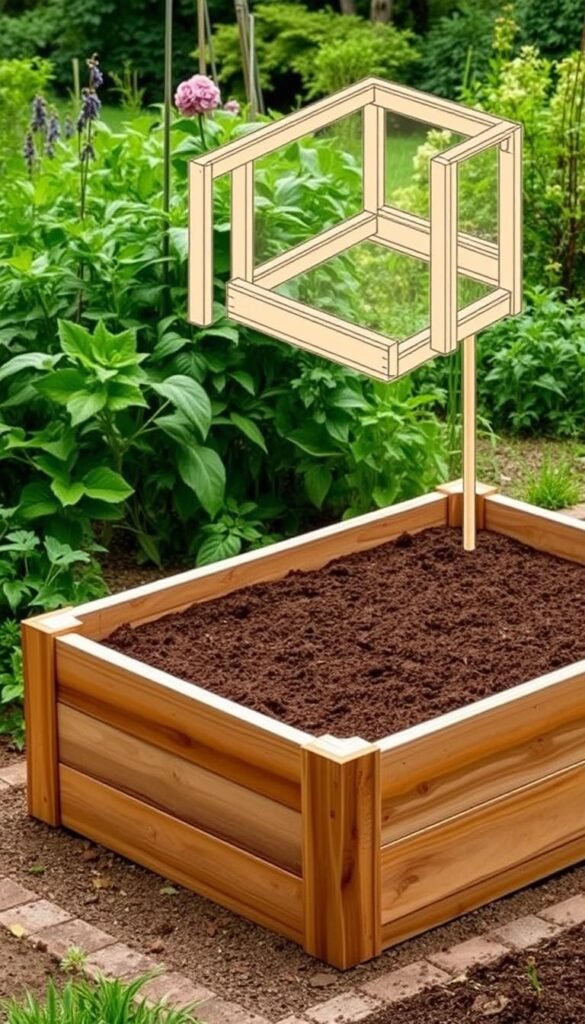 A detailed, well-lit diagram of a raised garden bed constructed with wooden planks, set against a natural backdrop of a lush, verdant garden. The bed features precisely fitted corners, a sturdy frame, and a rich, earthy soil substrate ready for planting. The composition highlights the construction process, showcasing the step-by-step assembly with a clean, technical aesthetic. The lighting is soft and diffused, creating gentle shadows that accentuate the textural details of the wood and soil. The overall scene conveys a sense of order, practicality, and the joy of cultivating one's own produce in a sustainable, eco-friendly manner.