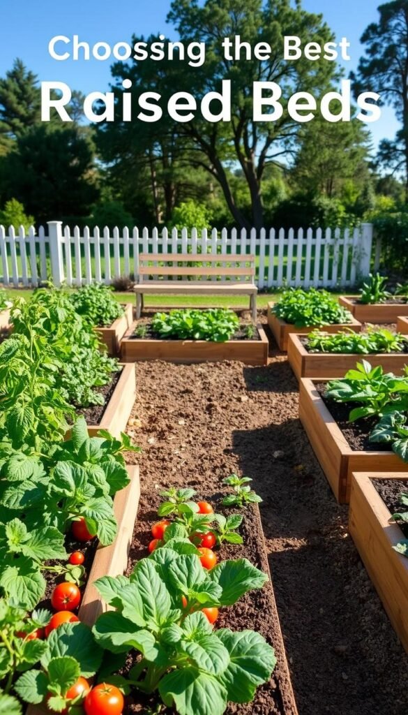 A detailed, well-organized raised bed garden design featuring a variety of fresh vegetables and herbs. The foreground showcases lush, neatly spaced beds with a variety of thriving plants - tomatoes, zucchini, kale, and leafy greens. The middle ground has a focal point of a wooden garden bench, inviting the viewer to admire the scene. The background depicts a tranquil, sun-dappled setting with a picket fence, mature trees, and a clear blue sky. The lighting is soft and natural, casting gentle shadows that accentuate the textural details of the plants and raised beds. The overall composition conveys a sense of order, productivity, and serene beauty, reflecting the section title "Choosing the Best Raised Bed Options".