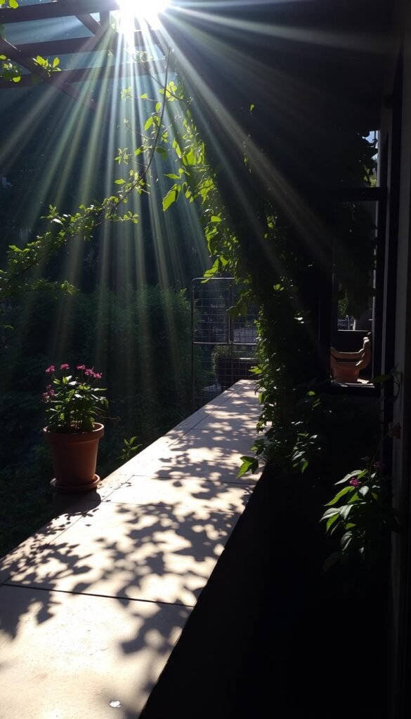 A dimly lit balcony casts an atmospheric glow, with lush foliage casting intricate shadows across the weathered stone surface. Rays of warm, filtered sunlight pierce through the overhead trellis, creating a dappled pattern that dances across the scene. Potted plants in varying shades of green and hints of blooming flowers line the balustrade, their delicate leaves rustling gently in the soft breeze. The air is filled with a sense of tranquility, inviting the viewer to pause and immerse themselves in this secluded, shaded oasis amid the urban landscape.