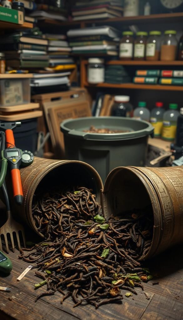 A dimly lit, cluttered indoor composting setup. In the foreground, an overturned worm bin spills its contents onto a worn wooden surface, exposing a complex tangle of browns and greens. Surrounding the bin, an array of tools - pitchforks, moisture meters, and pH strips - speak to the challenge of maintaining a healthy compost ecosystem. In the middle ground, a bokashi bin sits half-open, its contents emitting a faint, earthy aroma. The background is hazy, with shelves of reference books and jars of compost additives, hinting at the meticulous effort required to troubleshoot common composting issues. The overall mood is one of contemplation and problem-solving, as the viewer is invited to delve into the intricacies of small-space composting.