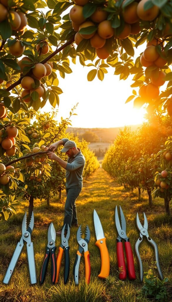 A flourishing fruit tree orchard bathed in warm, golden afternoon light. In the foreground, a skilled gardener prunes the branches with precision, tending to the tree's health. The middle ground showcases diverse gardening tools - shears, saws, and pruners - neatly arranged, signifying year-round care. In the background, a lush canopy of green leaves and ripe fruit creates a serene, pastoral scene. The atmosphere is one of tranquility and diligent horticulture, capturing the essence of proper tree maintenance throughout the seasons.
