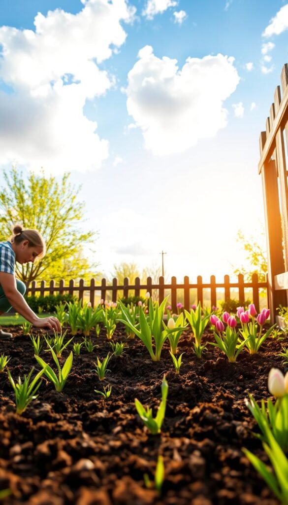 A flourishing spring garden, with freshly tilled soil and vibrant green plants emerging. In the foreground, a gardener kneels, carefully planting seedlings and tending to the beds. The middle ground showcases a variety of flowering bulbs and young vegetable plants, their colors popping against the rich, dark earth. In the background, a wooden fence frames the scene, casting soft, natural shadows. The sky is a brilliant blue, with fluffy white clouds overhead, conveying a sense of renewal and growth. Warm, golden sunlight filters through, illuminating the gardener's work and creating a welcoming, serene atmosphere.