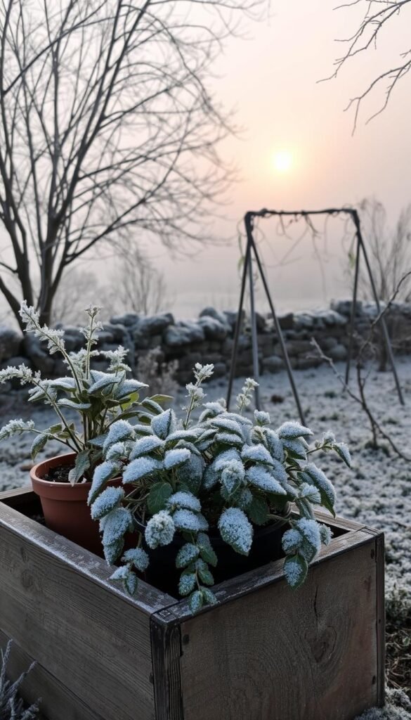 A frost-covered garden scene, with a focus on preventative measures against winter damage. In the foreground, a weathered wooden planter box holds several potted plants, their leaves and stems lightly dusted with a layer of delicate frost crystals. In the middle ground, a simple trellis or wire frame stands ready to support fragile vines and creepers, shielding them from the chill. The background depicts a serene, muted landscape - a low stone wall, bare tree branches, and a soft, hazy sky suffused with a gentle, golden glow, suggesting the warm glow of an early morning or late afternoon sun breaking through the clouds. The overall mood is one of quiet vigilance and preparedness, capturing the essence of "Regular Maintenance and Monitoring Through Winter".