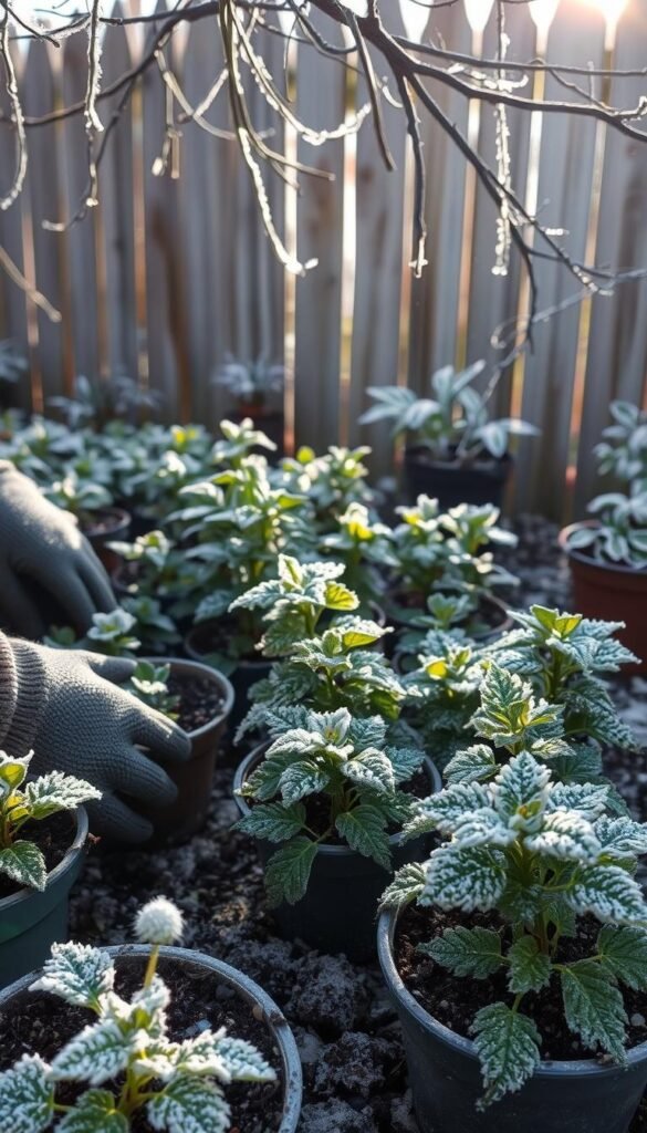 A frosty winter garden filled with lush potted plants, their leaves delicately coated in a sparkling layer of ice crystals. A gardener kneels, carefully examining the soil, their hands protected by thick gloves. Sunlight filters through the bare branches overhead, casting a soft, diffused glow over the scene. In the background, a weathered wooden fence frames the tranquil tableau. The image conveys the balance of caring for plants while respecting the constraints of winter's icy embrace, a testament to the gardener's dedication to optimizing watering and soil conditions for their frost-resistant beauties.