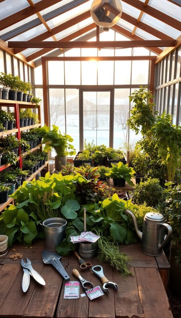 A greenhouse filled with lush, thriving plants on wooden shelves, the space bathed in warm, golden light streaming through large windows. In the foreground, a collection of essential gardening tools - pruning shears, watering cans, seed packets, and a small trowel - arranged neatly on a weathered wooden table. The middle ground features a variety of healthy, vibrantly colored winter crops - leafy greens, root vegetables, and fragrant herbs. In the background, a glimpse of a snowy winter landscape outside, emphasizing the cozy, protected environment of the greenhouse. The atmosphere is one of tranquility, productivity, and a deep connection to the natural world, even in the colder months.