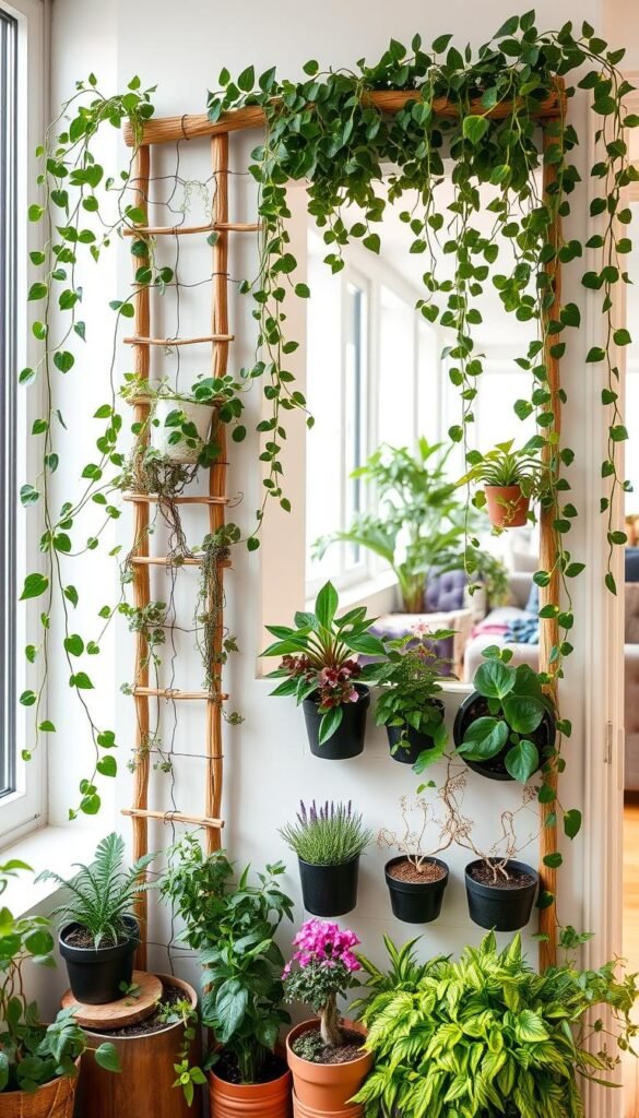 A handcrafted vertical garden with lush, cascading greenery adorning a small apartment wall. The foreground features an intricate trellis system made of natural wood and wire, supporting a variety of trailing vines, succulents, and leafy plants. The middle ground showcases potted herbs, flowers, and miniature shrubs arranged in a harmonious, asymmetrical layout. The background depicts a bright, airy room with large windows, allowing natural light to illuminate the verdant display. The overall scene exudes a sense of tranquility and brings a touch of nature into the urban living space.