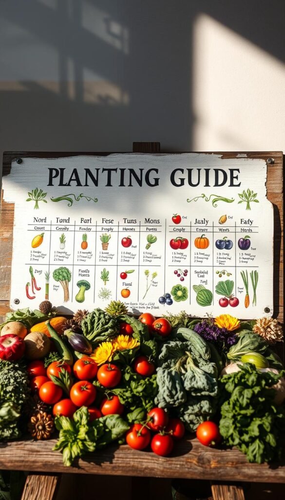 A handpainted garden planting guide displayed on a weathered wooden board, with a vintage, botanical illustration style. The foreground features rows of seasonal vegetables and herbs, meticulously detailed with vivid colors and textures. The middle ground showcases illustrations of the ideal planting months, arranged in a grid. The background is a soft, muted landscape, hinting at the changing seasons. Warm, natural lighting casts gentle shadows, evoking a timeless, rustic charm. The overall composition has a balanced, harmonious aesthetic that celebrates the beauty and practicality of year-round edible gardening.