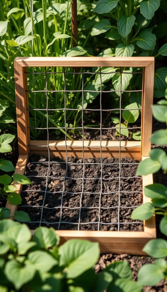 A harmonious square foot gardening grid nestled amid a lush, verdant backdrop. A wooden frame casts gentle shadows, its grid lines precisely delineating each square foot section. The soil within, rich and dark, beckons to be tended. Soft natural lighting filters through, illuminating the orderly arrangement and evoking a sense of tranquility. The composition is balanced, with the grid positioned centrally, allowing the viewer to fully appreciate its functional and aesthetic qualities. An inviting scene that inspires contemplation of the joys of square foot gardening.