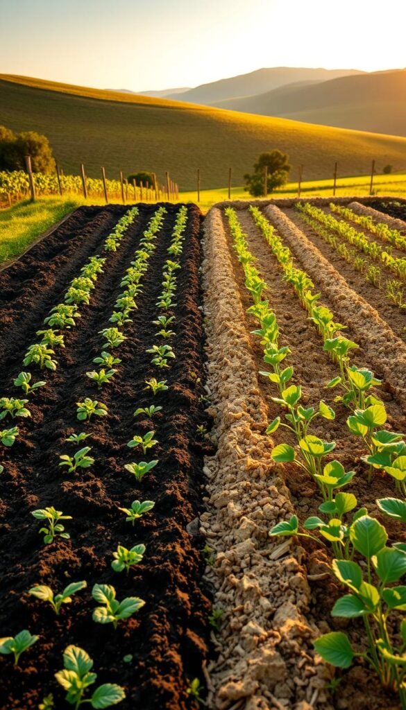 A high-quality comparison of organic and synthetic fertilizer's long-term impact on soil health, captured through a realistic landscape scene. In the foreground, two adjacent vegetable garden plots - one with lush, dark soil and thriving plants, the other with depleted, pale earth and stunted crops. The middle ground reveals a gradual transition, showcasing the gradual decline of soil quality under synthetic fertilizer use. In the background, a gently rolling hillside provides context, bathed in warm, golden afternoon light that enhances the visual contrast. The overall composition highlights the critical economic and environmental factors at play, inviting the viewer to ponder the sustainable future of vegetable gardening.