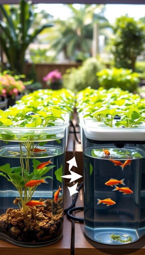 A high-quality, detailed comparison of aquaponic and hydroponic gardening systems. In the foreground, two transparent tanks displaying the key components of each system - plants, water, and fish or nutrient solution. The middle ground showcases the process flow, with arrows highlighting the cycling of water and nutrients between the tanks. In the background, a lush, verdant garden setting with natural lighting and a sense of tranquility. The overall composition conveys the technical and biological complexities of these modern agricultural techniques in a visually engaging manner.