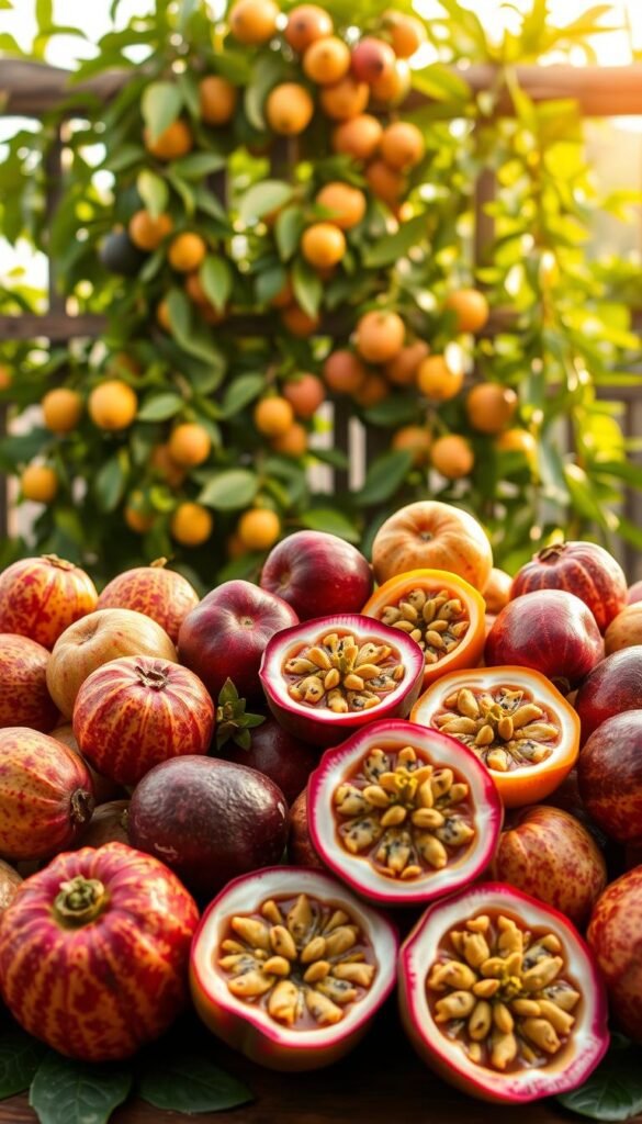 A high-quality, detailed comparison of various passion fruit varieties, arranged in a visually striking layout. The foreground features vibrant, ripe passion fruits in a range of colors and shapes, their unique patterns and textures clearly visible. The middle ground showcases cross-sections of the fruits, revealing their juicy interiors and seeds. In the background, lush, verdant passion fruit vines climb a rustic wooden trellis, creating a harmonious natural setting. Warm, soft lighting illuminates the scene, highlighting the fruits' luscious sheen. The overall composition conveys the diversity, beauty, and abundance of passion fruit cultivation, inspiring the viewer to explore these captivating tropical wonders.