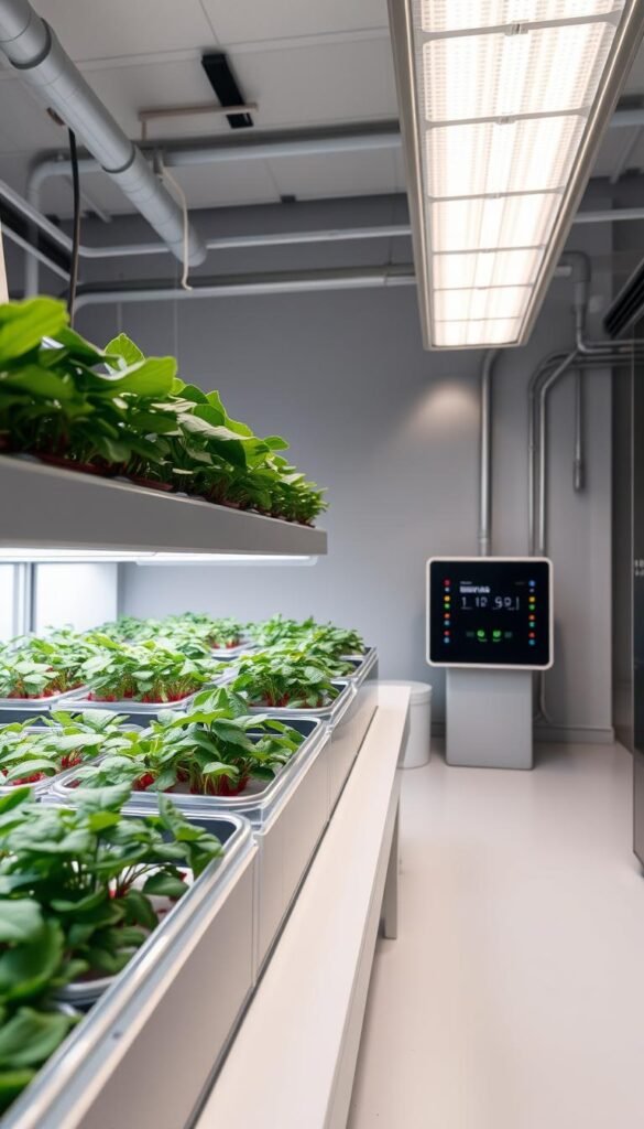 A high-tech hydroponic garden, featuring a sleek, minimalist aesthetic. In the foreground, a series of transparent growth tanks filled with lush, vibrant plants, their roots suspended in a nutrient-rich solution. Overhead, a sophisticated lighting system casts a warm, even glow, optimized for photosynthesis. In the middle ground, a compact control panel with digital displays, monitoring temperature, pH levels, and water flow. The background reveals a clean, industrial-style environment, with smooth, stainless-steel surfaces and subtle ambient lighting, conveying a sense of efficiency and precision. The overall scene exudes a futuristic, yet practical, approach to indoor gardening, perfectly suited for the busy, modern gardener.