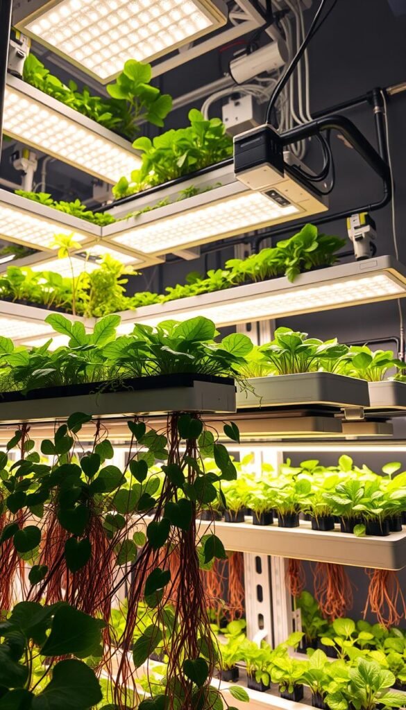 A high-tech indoor aeroponic garden, with a sleek modular system expanding over multiple tiers. The setup features a complex network of mist-emitting nozzles, recirculating water reservoirs, and smart sensors monitoring plant health. Bright LED grow lights cast a warm glow, illuminating lush, verdant foliage cascading down the tiered shelves. In the foreground, a close-up view showcases the intricate root structures thriving in the nutrient-rich mist. The overall composition exudes a sense of technological innovation and efficient, compact indoor gardening.