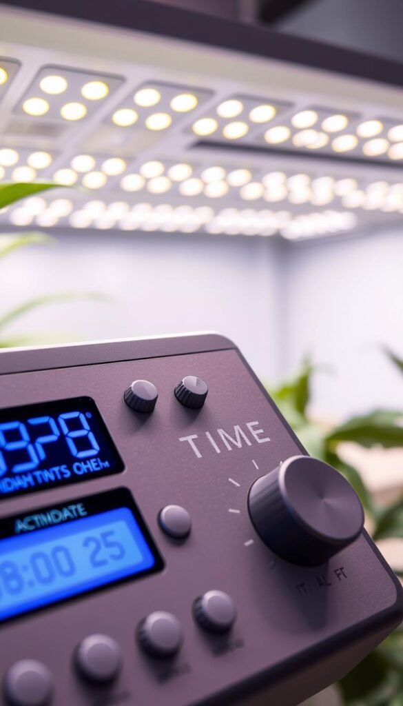 A highly detailed, macro-level view of an automated LED grow light timer interface, showcasing its various settings and controls. The foreground displays the digital display panel with clear, legible text indicating timer settings, dimming levels, and scheduling options. The middle ground features various knobs, dials, and buttons for precise adjustment of grow light parameters. The background depicts the sleek, minimalist housing of the timer unit, with a polished metallic or matte black finish. Soft, even lighting illuminates the scene, creating a clean, technical atmosphere. The entire composition conveys a sense of precision, functionality, and efficient control over the indoor growing environment.