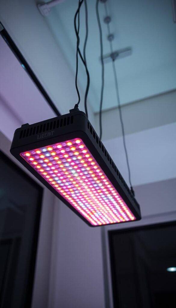 A highly detailed, meticulously-lit closeup photograph of a set of LED grow lights for a hydroponic gardening system, capturing the intricate texture and vibrant colors of the individual diodes. The lights are suspended in a minimalist, contemporary indoor setting, with a sleek, black metal frame and a clean, white wall backdrop that lends an elegant, professional feel. The lighting is soft and diffused, with subtle shadows and highlights accentuating the three-dimensional form of the grow lights. The camera is positioned at an angle to showcase the geometric patterns and linear structure of the lighting system, conveying a sense of both technical precision and artistic design.