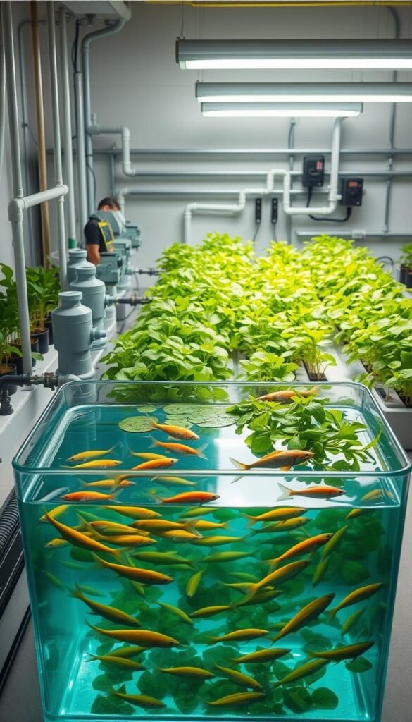 A highly detailed, photorealistic diagram of an aquaponic system layout, showcasing its key components. The foreground features the main aquaponic tank, filled with crystal-clear water and various freshwater fish. Surrounding the tank are the grow beds, filled with lush, verdant plants thriving in a nutrient-rich, soil-less medium. In the middle ground, the mechanical filtration and water circulation systems are visible, including pumps, valves, and piping. The background depicts the supporting infrastructure, such as the grow lights, control panels, and interconnected plumbing. The scene is illuminated by soft, diffused lighting, creating a clean, clinical atmosphere that emphasizes the system's efficiency and functionality. The overall composition highlights the interconnected nature of the aquaponic ecosystem, providing a comprehensive visual representation of its key components.
