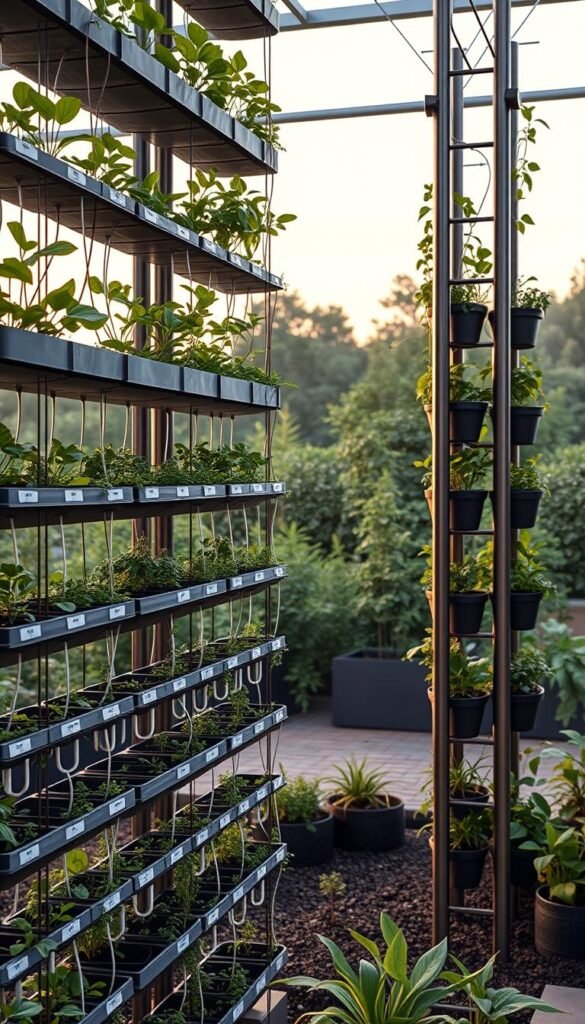 A highly detailed, photorealistic image of an efficient vertical garden irrigation system. The foreground features a neatly organized array of vertically stacked planters, each with a specialized drip irrigation setup that ensures precise and controlled water delivery to the plants. The middle ground showcases the vertical support structure, constructed from sleek metallic poles and trellises, creating a visually striking yet functional framework. The background depicts a serene, natural setting, with lush greenery and a warm, diffused lighting that enhances the overall aesthetic. The image conveys a sense of order, sustainability, and a harmonious integration of technology and nature, perfectly suited to illustrate the "Optimizing Space with Vertical Garden Tools and Techniques" section.