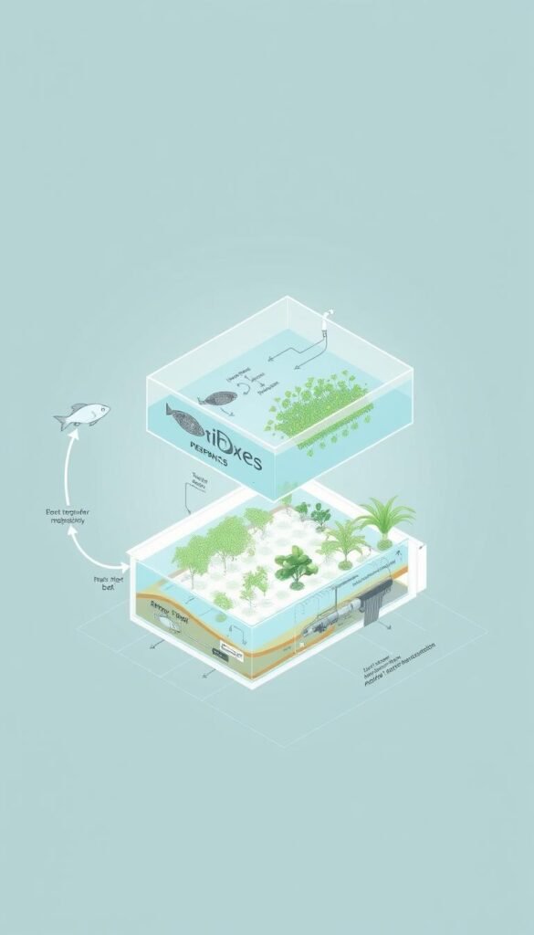 A highly detailed, scientifically accurate diagram of the aquaponics nitrogen cycle. In the foreground, a clear visual representation of the cycling of nitrogen compounds between fish waste, nitrifying bacteria, and plant roots. In the middle ground, an exploded view showcasing the key components - fish tank, grow bed, and biofilter. In the background, a clean, minimalist layout with subtle grid lines and technical labels. Rendered with a technical, engineering-style aesthetic using a cool, muted color palette and crisp, technical linework. Achieved through a combination of orthographic and isometric projections to maximize clarity and understanding.