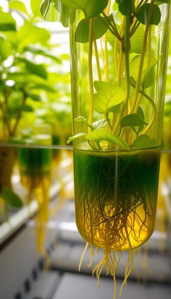 A hydroponic garden filled with lush, vibrant plants. In the foreground, a nutrient-rich solution flows through a transparent container, revealing the intricate network of roots suspended within. The solution's color gradients, ranging from deep green to golden yellow, visually represent the pH levels, from acidic to alkaline. Subtle light reflections dance across the liquid's surface, creating a sense of movement and depth. In the middle ground, the plants' leaves sway gently, their verdant hues contrasting with the muted tones of the surrounding environment. The background blurs softly, drawing the viewer's focus to the captivating display of nature's delicate balance within the controlled hydroponic system.