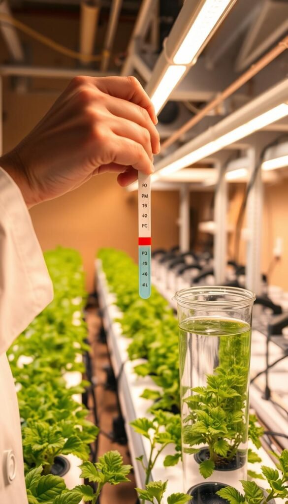 A hydroponic garden illuminated by warm overhead lighting, showcasing the adjustment of pH levels with scientific precision. In the foreground, a pair of hands carefully dipping pH test strips into a transparent water container, monitoring the readings intently. The middle ground features an array of healthy, lush hydroponic plants thriving in their specialized growth medium. The background captures the clean, organized layout of the hydroponic system, with its interconnected components and controls. The overall scene conveys a sense of scientific understanding, control, and the delicate balance required for optimal plant growth in a hydroponic environment.