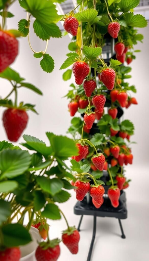 A hydroponic indoor strawberry garden, with lush green leaves and ripe red berries suspended in a bright, evenly lit studio setting. The foreground features a close-up view of several strawberry plants growing in a customized hydroponic system, their roots submerged in a nutrient-rich solution. The middle ground showcases the full vertical arrangement of the hydroponic setup, with multiple tiers of plants stacked neatly. In the background, a clean, minimalist environment with plain white walls and reflective surfaces amplifies the natural vibrancy of the strawberries. Warm, soft lighting from above casts a gentle glow, emphasizing the healthy, glossy texture of the fruits and foliage.