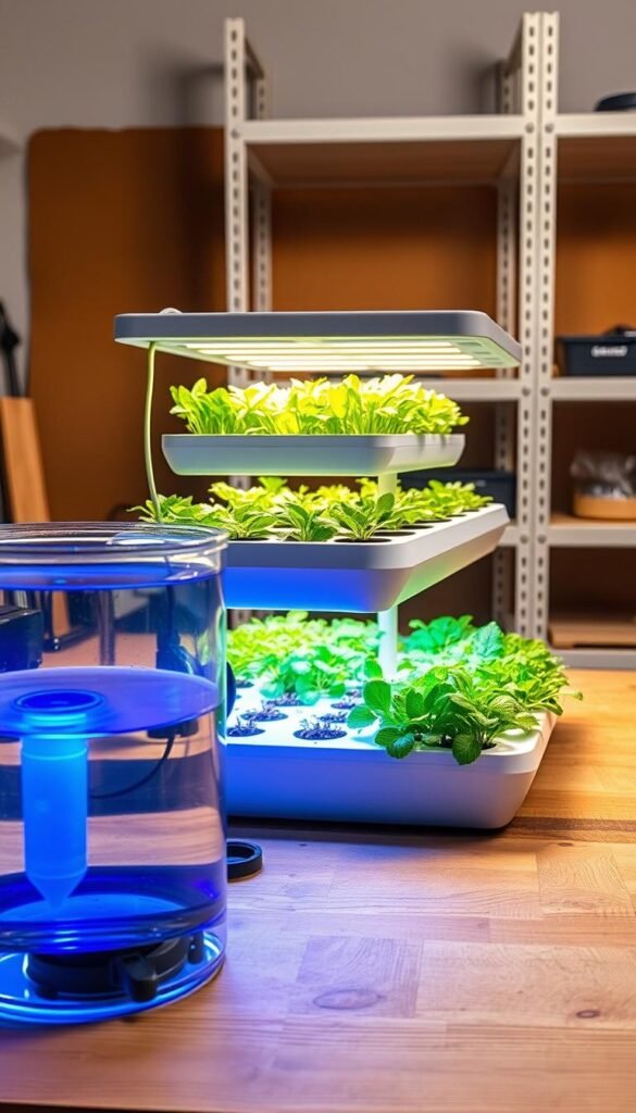 A hydroponic system set up on a wooden workbench, showcasing its key components. In the foreground, a transparent nutrient reservoir with a subtle blue LED lighting, allowing a clear view of the water and nutrient solution. In the middle ground, a sleek, modern-looking grow tray with lush, verdant plants thriving in a soilless medium, bathed in a warm, natural-looking glow from above. The background features simple, industrial-style shelving or racks, hinting at the scalability and versatility of this hydroponic setup. The overall scene conveys a sense of efficiency, elegance, and the profound connection between technology and nature inherent in modern hydroponic gardening.