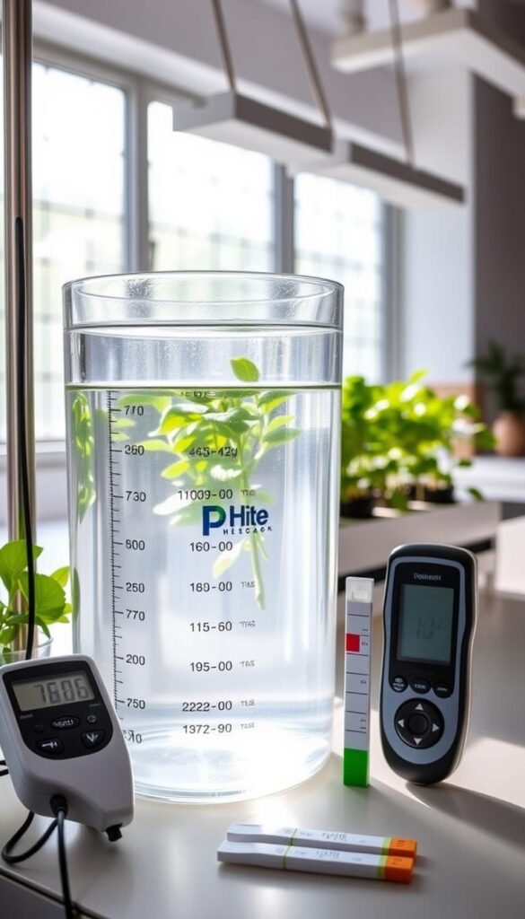 A hydroponic system with a clear water reservoir, showcasing the delicate balance of pH levels. In the foreground, digital pH meters and test strips are displayed, highlighting the importance of monitoring water quality. The middle ground features a lush, verdant hydroponic planter, illustrating the thriving plants nourished by the carefully maintained pH-balanced solution. The background depicts a clean, minimalist workspace, with natural lighting cascading through large windows, creating a serene and scientific atmosphere. The overall scene conveys the efficient, low-cost methods of managing pH levels in a hydroponic setup, essential for achieving a successful and sustainable indoor garden.