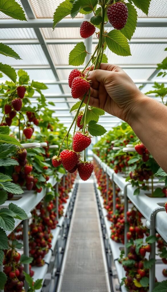 A hydroponics farm filled with lush, bountiful berry plants. In the foreground, a worker's hands carefully pluck ripe, glistening berries from the vines, their vibrant colors popping against the clean, modern interior. Overhead, soft, diffused lighting casts an even, natural glow over the scene. The middle ground reveals the precise, orderly layout of the hydroponic growing system, with its clean lines and metal fixtures. In the background, a panoramic window offers a glimpse of a urban skyline, blending the natural and industrial elements. Convey a sense of precision, productivity, and the pride of a successful indoor harvest.