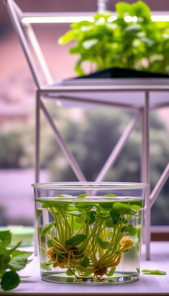 A hydroponics system showcasing the efficiency of nutrient delivery in a Deep Water Culture setup. In the foreground, a transparent container filled with a nutrient-rich solution, with lush, verdant plant roots submerged and thriving. The middle ground features a geometric framework supporting the container, its sleek, minimalist design emphasizing the system's sophistication. The background depicts a serene, nature-inspired setting, with soft lighting casting a warm, inviting glow over the entire scene. The overall composition conveys the harmony between technology and natural processes, highlighting the DWC system's ability to provide optimal nourishment for healthy, vibrant plant growth.