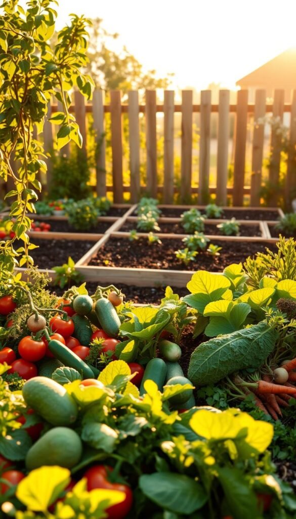 A lush and bountiful vegetable garden, bathed in warm, golden afternoon light. In the foreground, a vibrant array of low-maintenance vegetable varieties - juicy tomatoes, crisp cucumbers, leafy kale, and hearty root vegetables like carrots and radishes. The middle ground showcases neatly tended raised beds, their soil rich and dark, complemented by the soft, verdant foliage of easy-to-grow herbs. In the background, a picturesque wooden fence frames the scene, lending a rustic, inviting atmosphere. The composition is balanced and visually appealing, capturing the essence of a thriving, low-maintenance vegetable garden perfect for beginner gardeners.