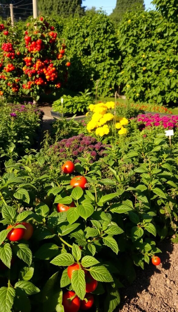 A lush and diverse array of vibrant fruit-bearing plants, meticulously arranged in a harmonious garden layout. In the foreground, a variety of leafy greens, robust tomato plants, and delicate herbs cast dynamic shadows under soft, natural lighting. The middle ground showcases an assortment of flourishing berry bushes, their ripe fruits glistening in the warm afternoon sun. In the background, a row of thriving fruit trees stands tall, their branches heavy with an abundance of juicy, colorful produce. The scene evokes a sense of abundance, careful curation, and the culmination of thoughtful plant selection for an optimal, bountiful fruit garden.