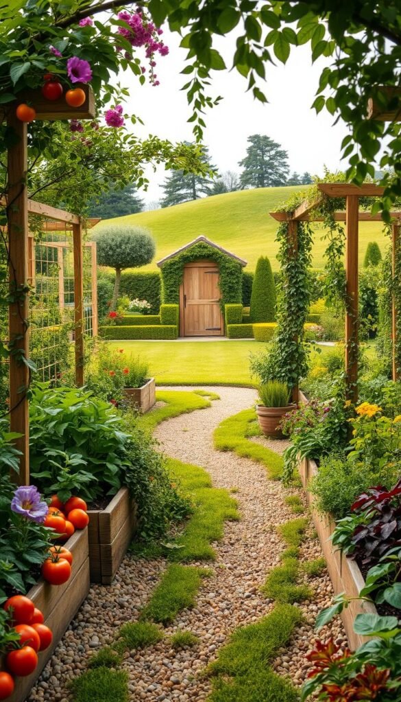 A lush and inviting vegetable garden, sprawling with verdant foliage and vibrant blooms. In the foreground, a winding path of smooth pebbles meanders through neatly tended raised beds, overflowing with a variety of leafy greens, plump tomatoes, and fragrant herbs. Trellises of delicate vines and cascading flowers frame the scene, creating a whimsical and enchanting atmosphere. The middle ground features a charming garden arbor, draped in cascading vines and flanked by rows of neatly trimmed boxwood hedges. In the background, a gently sloping lawn leads the eye towards a picturesque shed, its weathered wood and climbing ivy adding to the serene, natural ambiance. Warm, diffused lighting bathes the entire tableau, lending a soft, dreamy quality to the composition.