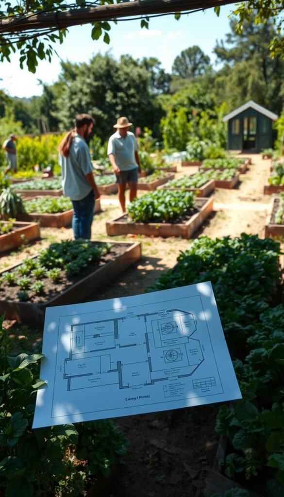 A lush and meticulously planned vegetable garden, with neatly arranged raised beds and pathways. The foreground features a detailed layout plan drawn on paper, showcasing the precise positioning and spacing of different crops. In the middle ground, gardeners examine the plan, considering the optimal use of the available space. The background depicts a tranquil, sun-dappled garden setting, with verdant foliage and a rustic shed or greenhouse providing a natural backdrop. The overall scene conveys a sense of order, thoughtfulness, and a deep connection to the land, capturing the essence of planning a small, yet productive, vegetable garden.