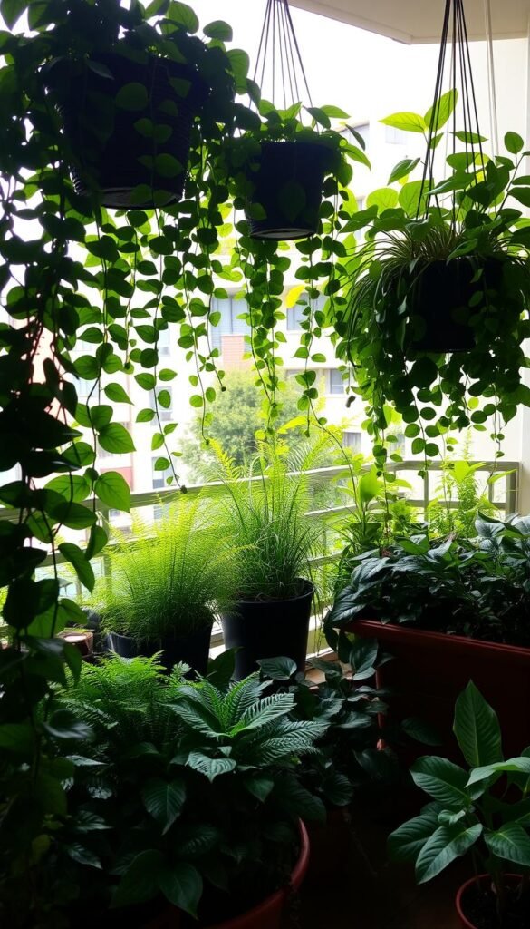 A lush and verdant collection of container plants thriving in a shaded balcony setting. In the foreground, a mix of trailing ivy, philodendrons, and pothos cascade elegantly from hanging baskets, casting soft shadows. The middle ground features a variety of leafy ferns and low-growing shade-loving plants like begonias and caladiums, arranged in stylish planter boxes. The background hints at a tranquil urban environment, with the plants framed by the warm glow of diffused natural light filtering through a partially shaded window. The overall scene exudes a serene, verdant atmosphere, showcasing the beauty and versatility of container gardening in shaded spaces.