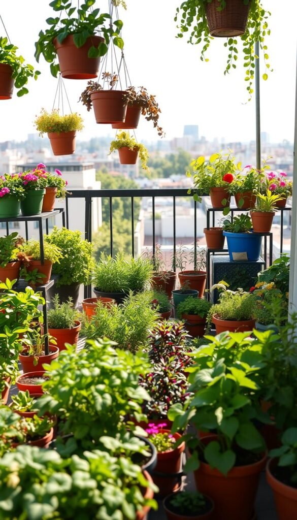 A lush and vibrant balcony garden, with an array of colorful container plantings in the foreground. Hanging baskets, tiered stands, and a variety of pots and planters create a visually interesting and well-organized layout. The middle ground features a selection of thriving vegetables, herbs, and flowering plants, all strategically placed to maximize the available space. The background showcases a sun-dappled urban landscape, with the soft, warm glow of natural light illuminating the scene. The overall composition conveys a sense of tranquility and personal oasis, a verdant retreat within the city. The image captures the essence of successful apartment-scale container gardening.
