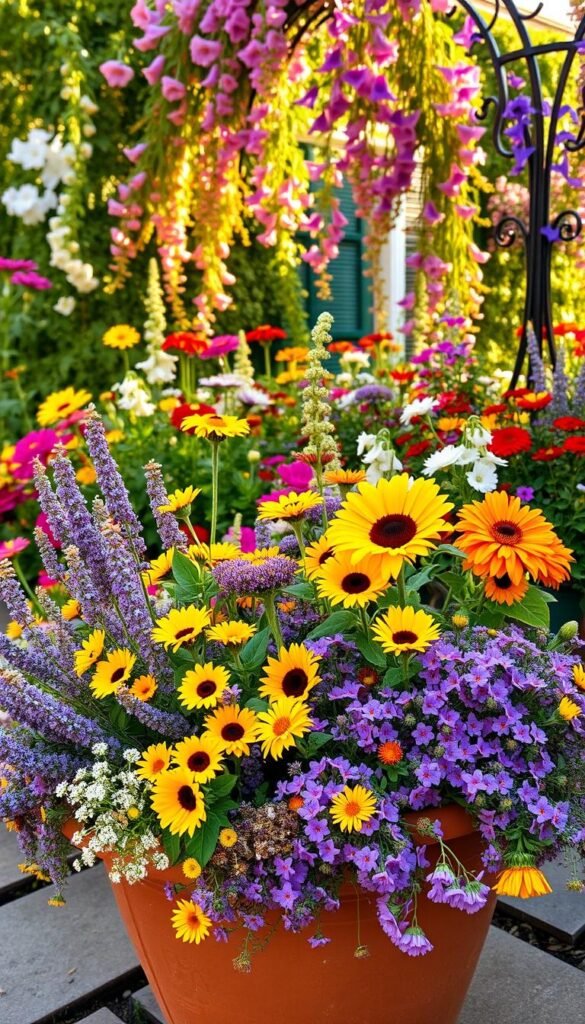 A lush and vibrant container garden overflowing with pollinator-friendly flowers. In the foreground, a terracotta planter bursting with a colorful tapestry of blooms - delicate lavender, bright sunflowers, and cascading vines of sweet alyssum. The middle ground showcases a variety of nectar-rich blossoms - zinnias, cosmos, and butterfly bushes - all bathed in warm, golden sunlight. In the background, a wrought-iron trellis is adorned with trailing morning glories, creating a romantic, whimsical atmosphere. The entire scene is captured with a slightly elevated, wide-angle lens, emphasizing the abundance and harmony of this pollinator-friendly oasis.