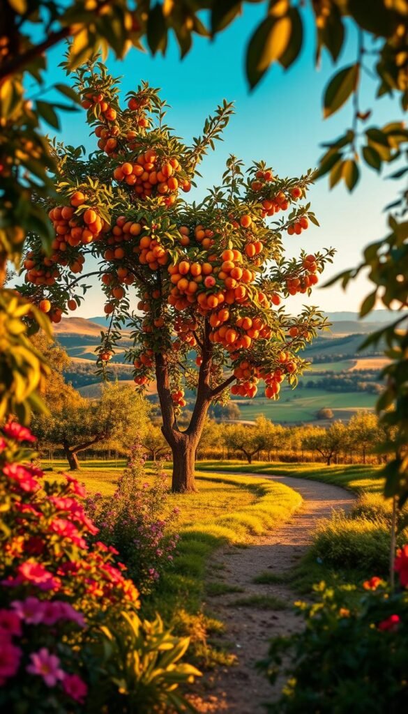 A lush and vibrant fruit tree standing tall in a well-manicured landscape, its branches laden with ripe, juicy fruits. The scene is bathed in warm, golden sunlight, casting a serene, inviting atmosphere. In the foreground, a variety of vibrant flowers and verdant foliage frame the tree, creating a harmonious and visually appealing composition. The middle ground features a winding path leading the viewer's eye towards the centerpiece, while the background showcases a picturesque countryside vista, complete with rolling hills and a clear, azure sky. The image conveys a sense of tranquility, abundance, and the natural beauty that fruit trees can bring to an existing landscape.
