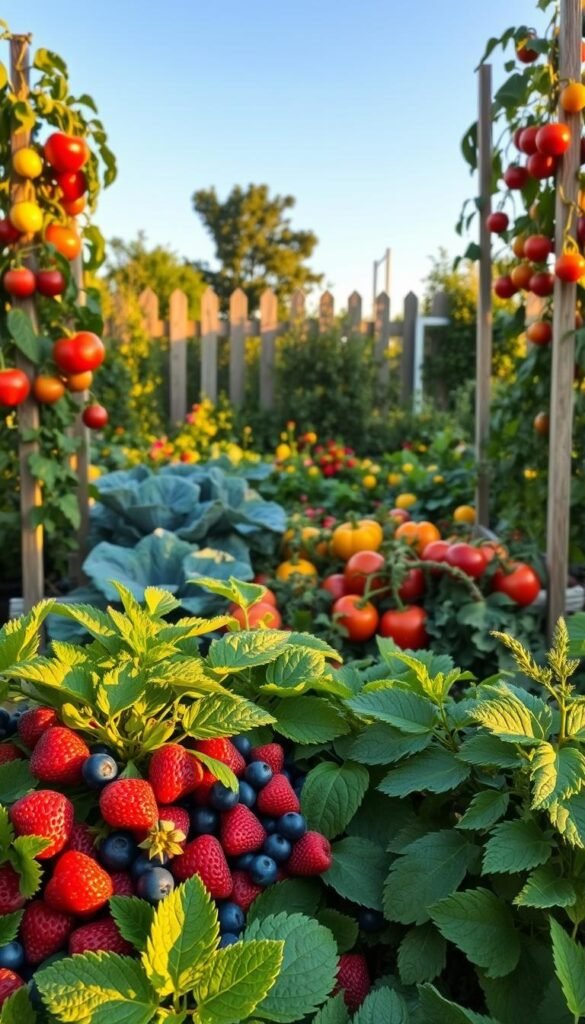 A lush and vibrant garden scene in the golden hour, showcasing a selection of juicy fruits and crisp vegetables. In the foreground, clusters of ripe strawberries, blueberries, and raspberries nestle amongst verdant foliage. In the middle ground, heirloom tomatoes in shades of red, yellow, and orange stand tall, their vines twisting around sturdy trellises. Leafy greens, such as kale and chard, sway gently in the soft breeze. In the background, a mix of squash, carrots, and bell peppers create a colorful tapestry, framed by a picturesque wooden fence and a clear, azure sky. The scene is bathed in a warm, golden light, creating a serene and inviting atmosphere, perfect for showcasing the abundance and harmony of a thriving fruit and vegetable garden.