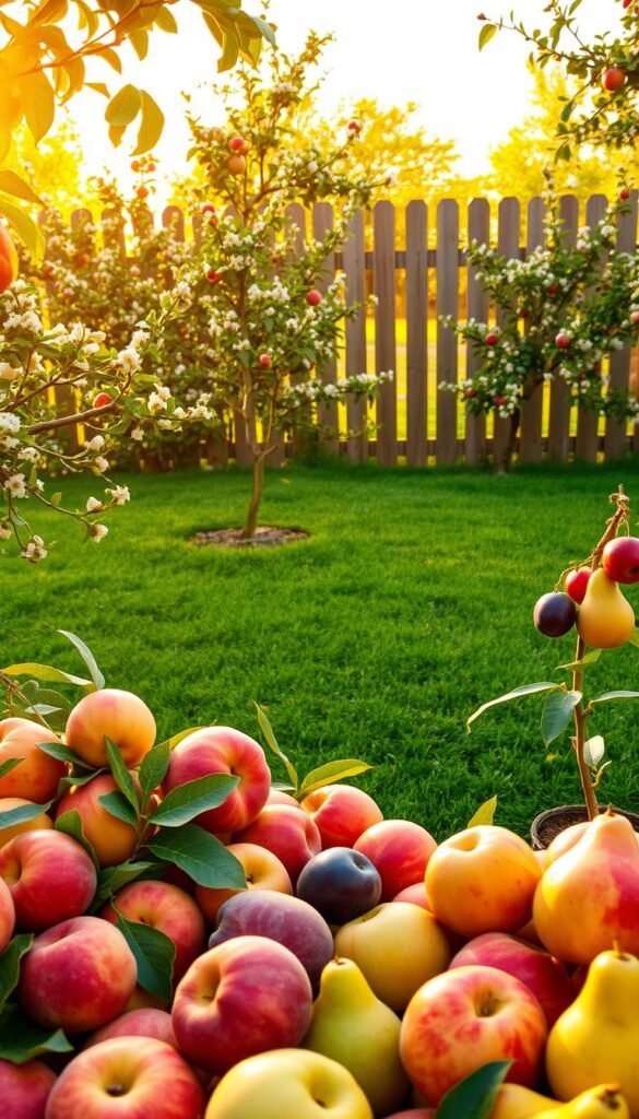 A lush backyard fruit garden in warm, golden afternoon light. In the foreground, a vibrant variety of regional fruits - luscious peaches, crisp apples, juicy pears, and succulent plums. The middle ground showcases a neatly trimmed lawn dotted with budding fruit trees in full bloom, their branches heavy with ripe produce. In the background, a picturesque wooden fence frames the scene, creating a sense of tranquility and seclusion. The overall composition evokes a feeling of abundance, inviting the viewer to imagine the flavors and aromas of a thriving backyard orchard.