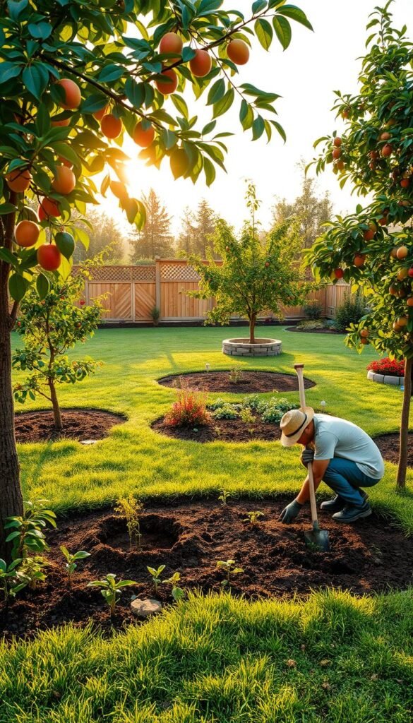 A lush backyard garden with a focus on fruit tree planting techniques. In the foreground, a gardener carefully digging a hole and preparing the soil, with various seedlings and saplings nearby. In the middle ground, established fruit trees in various stages of growth, their branches laden with ripe, colorful fruits. The background features a well-maintained lawn, punctuated by decorative garden beds and a picturesque wooden fence. Warm, golden sunlight filters through the leaves, casting a soft, inviting glow over the entire scene. The composition emphasizes the delicate balance between cultivation and natural beauty, showcasing the essential steps for nurturing thriving fruit trees in a residential landscape.