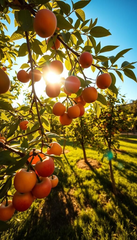A lush backyard orchard bathed in warm, golden sunlight. In the foreground, a variety of ripe, vibrant fruits hang from the branches of well-tended fruit trees. A close-up view reveals the interplay of light and shadow, highlighting the trees' intricate textures and the healthy foliage. The middle ground showcases the carefully planned layout, with the trees arranged in an aesthetically pleasing pattern that maximizes sunlight exposure. In the background, a clear blue sky completes the serene, idyllic scene, conveying a sense of tranquility and abundance. Captured with a wide-angle lens to showcase the full depth and scope of the mini orchard, this image beautifully illustrates the potential for transforming a simple lawn into a thriving, sun-dappled fruit garden.