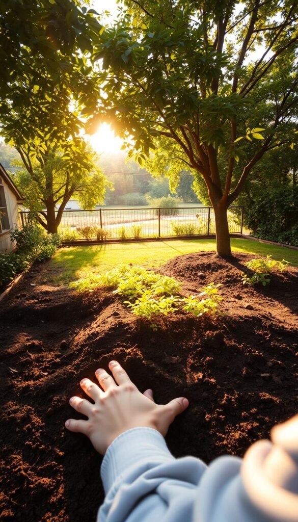 A lush backyard with a focus on assessing the light, soil, and available space for a thriving fruit tree garden. In the foreground, a gardener examines the soil texture and quality, their hands gently sifting through the rich, dark earth. In the middle ground, the backyard is bathed in warm, golden sunlight, with pockets of dappled shade cast by mature trees. Towards the back, the boundary is defined by a well-tended fence, beyond which a verdant landscape awaits exploration. The overall mood is one of contemplation and discovery, as the gardener carefully evaluates the various elements that will shape the design of the ideal fruit tree garden.