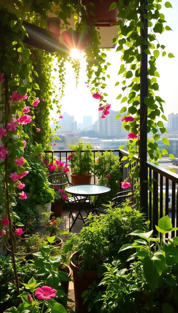 A lush balcony garden with cascading vines, vibrant flowers, and verdant foliage. Sunlight streams through the railing, casting a warm glow on the bountiful greenery. In the foreground, a variety of potted plants thrive, their leaves gently swaying in the breeze. Midground, a small table and chair set provide a cozy spot to relax and enjoy the tranquil oasis. The background features a cityscape, highlighting the contrast between the urban environment and the thriving green sanctuary. The overall scene conveys a sense of serenity, highlighting the benefits of urban gardening and the ability to create a personal, rejuvenating outdoor retreat.
