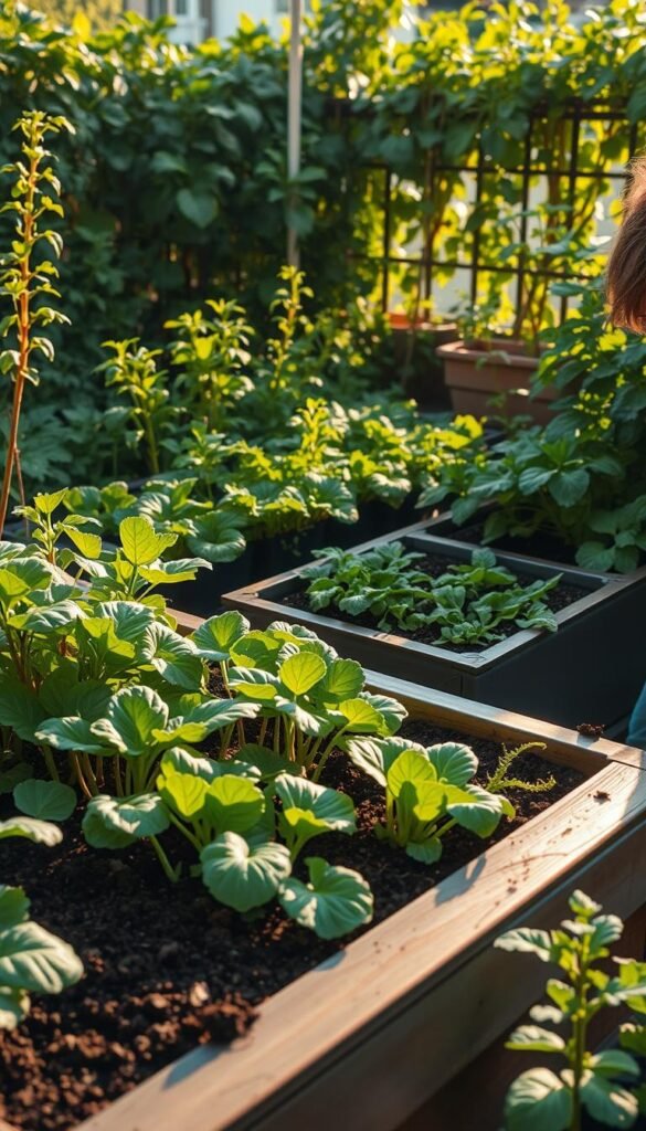 A lush balcony garden with vibrant greenery and thriving plants. In the foreground, a gardener tending to the soil, carefully examining for pests and nutrient deficiencies. Midground, a variety of leafy greens and herbs growing in raised beds, each one at a different stage of maturity. In the background, a warm afternoon light filters through the surrounding foliage, casting a natural, earthy glow. The scene conveys a sense of harmony, where the gardener's diligent care and attention to detail ensures the long-term health and productivity of the succession-planted balcony garden.