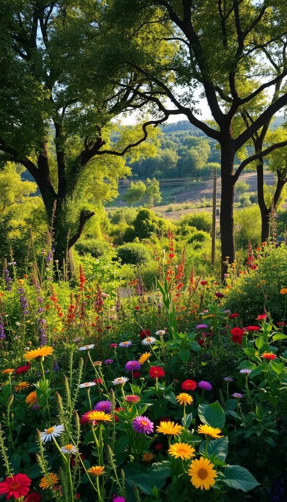 A lush, biodiverse garden ecosystem thrives under the warm afternoon sun. In the foreground, a tapestry of vibrant flowers, herbs, and leafy greens intermingle, creating a riot of colors and textures. Towering trees and shrubs form a verdant middle ground, their branches providing sheltered niches for birds, insects, and small mammals. In the background, a gently undulating landscape reveals a diverse array of native plants, each playing a vital role in the interconnected web of life. The scene is illuminated by soft, diffused lighting, capturing the harmonious balance of this self-sustaining oasis. A sense of tranquility and abundance permeates the air, inviting exploration and a deeper appreciation for the resilience of a healthy, thriving ecosystem.