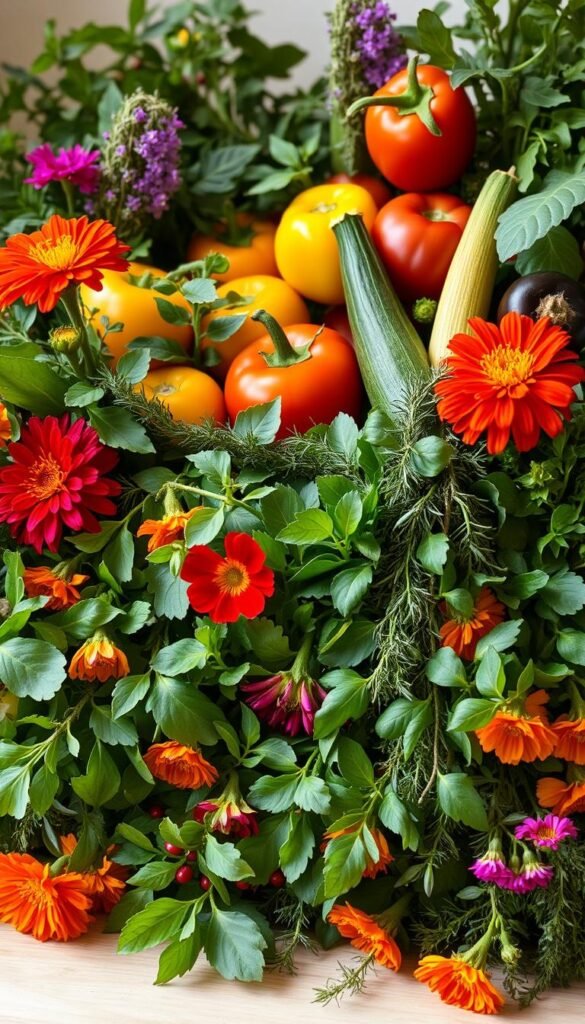 A lush, botanical arrangement of edible plants, artfully displayed as decorative elements. In the foreground, a vibrant mix of leafy greens, herbs, and vibrant flowers - kale, chard, rosemary, and marigolds - cascade elegantly. The middle ground features plump tomatoes, bell peppers, and zucchini blossoms, their colors popping against a backdrop of earthy tones. Soft, natural lighting illuminates the scene, highlighting the delicate textures and organic shapes. The composition evokes a sense of abundance, inviting the viewer to imagine this verdant display as part of a bountiful vegetable garden aesthetic - beautiful, functional, and bursting with life.