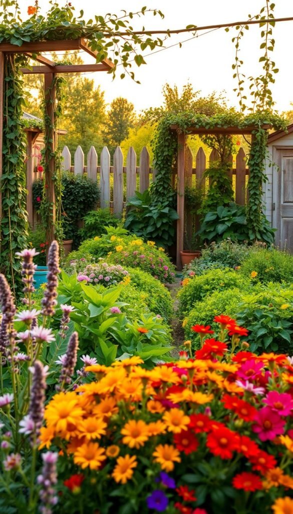 A lush, bountiful cottage vegetable garden, bursting with a vibrant mix of colorful flowers and edible plants. The foreground showcases a charming arrangement of delicate blooms such as lavender, marigolds, and nasturtiums, their petals dancing in the gentle breeze. In the middle ground, rows of thriving vegetables, including leafy greens, tomatoes, and herbs, create a harmonious tapestry of textures and hues. Towering trellises draped with climbing vines frame the scene, adding depth and visual interest. The background features a quaint wooden fence, adorned with trailing vines, and a glimpse of a rustic garden shed, all bathed in the warm, golden glow of a setting sun. The overall atmosphere exudes a sense of tranquility, romance, and the joyful coexistence of nature's bounty.