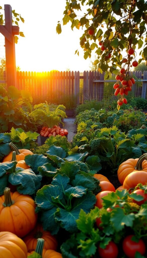 A lush, bountiful fall vegetable garden, illuminated by the warm glow of the setting sun. In the foreground, a variety of vibrant, freshly harvested produce - plump pumpkins, leafy kale, crisp carrots, and juicy tomatoes. The middle ground showcases thriving vegetable beds, with healthy plants stretching towards the sky, their leaves rustling in a gentle breeze. In the background, a weathered wooden fence frames the scene, hinting at the challenges of maintaining a productive garden as the cooler months approach. The overall atmosphere conveys the abundance and rewards of extending the growing season, balanced by the unique obstacles that come with gardening in the fall.