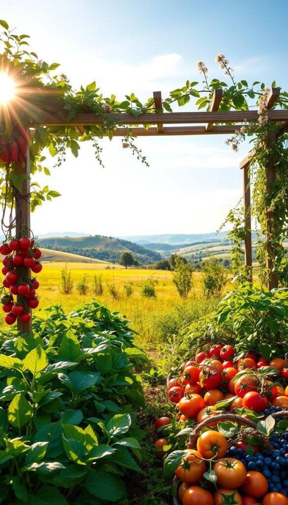 A lush, bountiful fruit and vegetable garden nestled in a serene, sun-dappled meadow. In the foreground, a vibrant tapestry of leafy greens, ripe tomatoes, and colorful bell peppers gently sway in the breeze. Trailing vines of succulent strawberries and plump blueberries border the garden beds, creating a harmonious balance of sweet and savory. In the middle ground, a wooden arbor draped with trailing vines and fragrant flowers offers a whimsical focal point. The background reveals a rolling landscape of verdant hills, a cloudless azure sky, and the warm glow of the afternoon sun, casting a soft, natural light over the entire scene.
