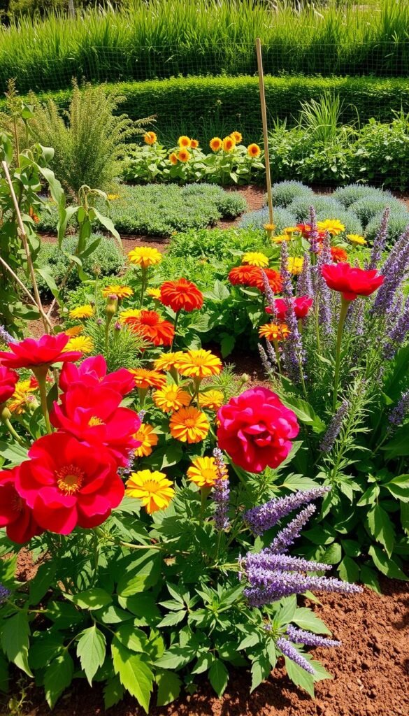 A lush, bountiful garden in full seasonal expression. In the foreground, vibrant blooms of varied hues - crimson peonies, sunny marigolds, and delicate lavender spikes. Trailing vines and leafy greens create a layered tapestry, casting dynamic shadows across the rich, loamy soil. The middle ground reveals neatly arranged vegetable beds, their verdant foliage interspersed with the golden crowns of sunflowers. Towards the background, a verdant border of tall, swaying grasses and shrubs frames the scene, hinting at the abundant life thriving beyond. Warm, diffuse light filters through, casting a soft, natural glow over the entire composition. Captured with a wide-angle lens to emphasize the depth and lushness of this carefully cultivated, no-dig paradise.